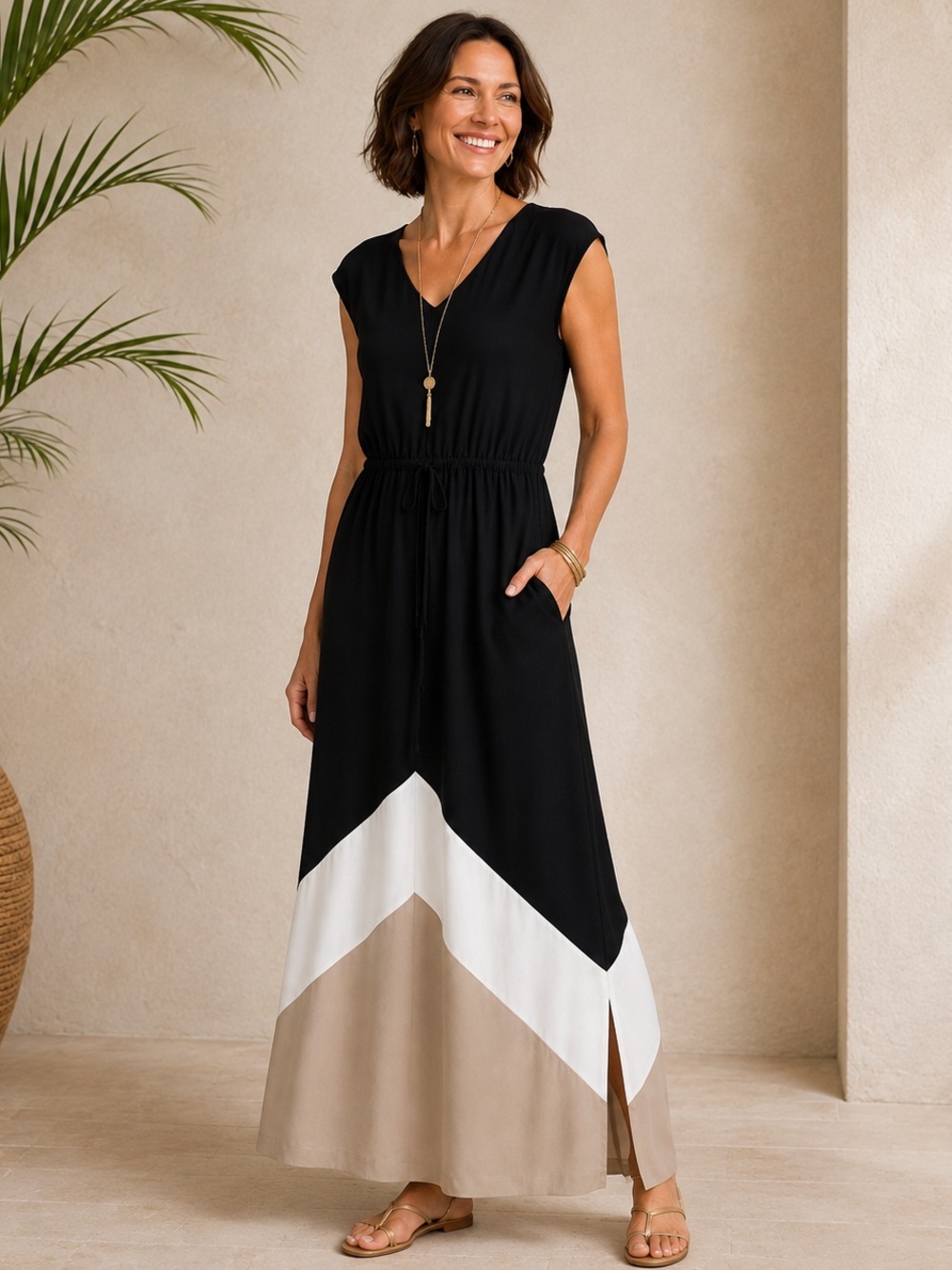 Chico’s Knit Kit Black Colorblock Chevron Maxi Dress Drawstring Waist Size 1 (8)